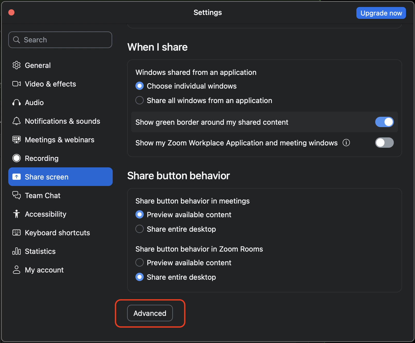 Zoom Settings showing Share Screen tab with the Advanced button highlighted