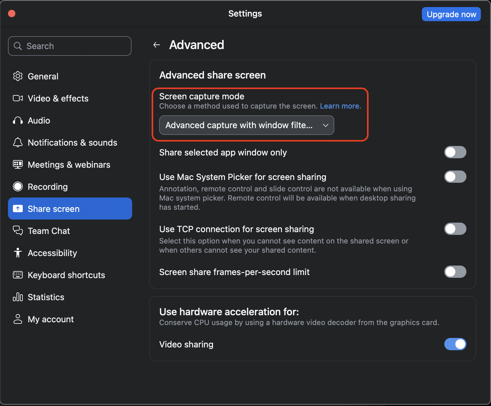 Zoom Advanced settings showing Screen capture mode set to Advanced capture with window filtering