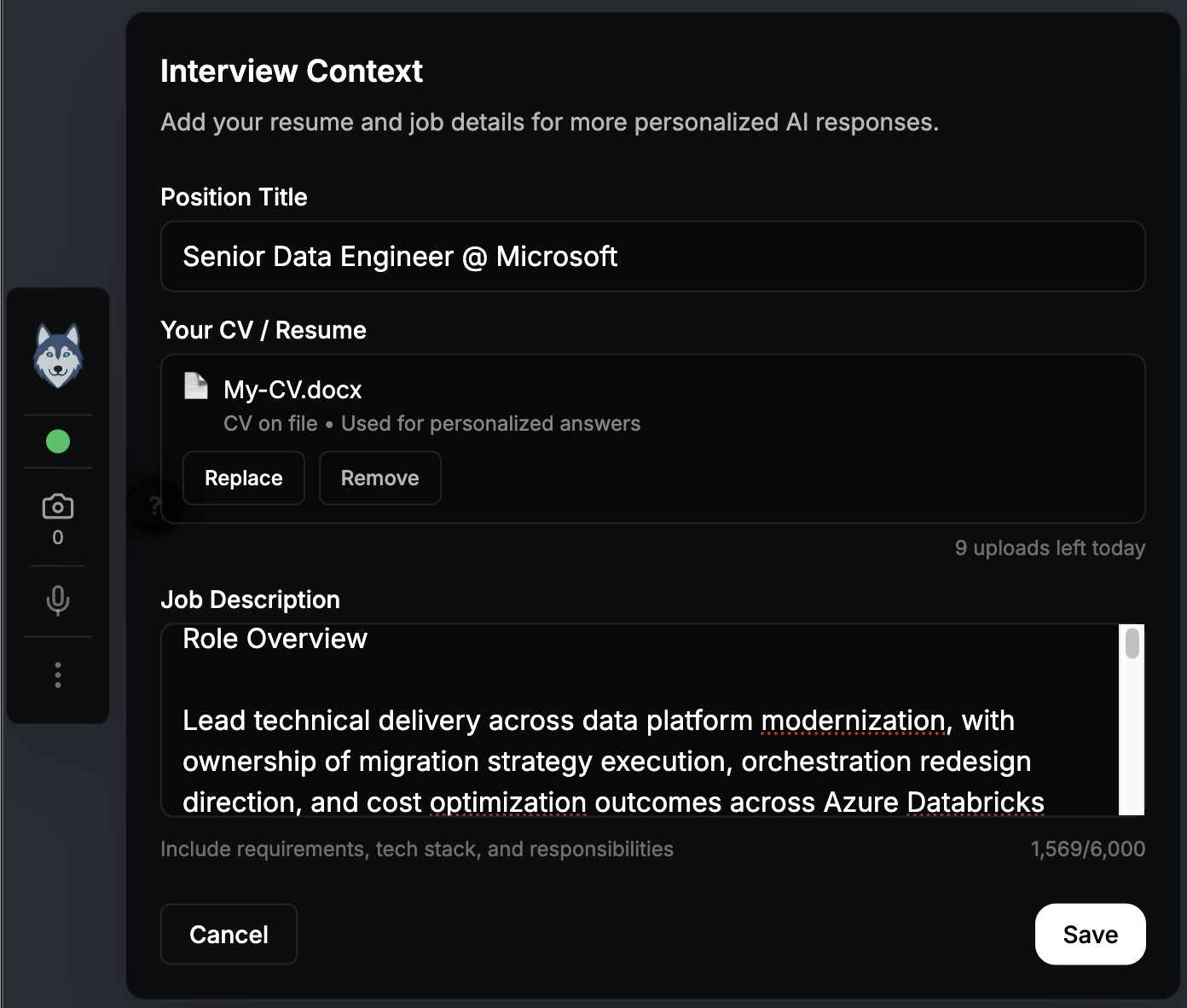The Interview Context panel with Position Title, an uploaded CV showing Replace and Remove buttons, and the Job Description field with its character counter