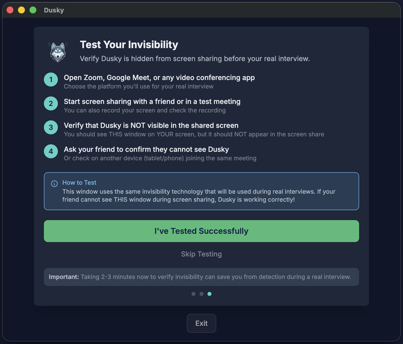 The Test Your Invisibility screen with four numbered steps and an "I've Tested Successfully" button