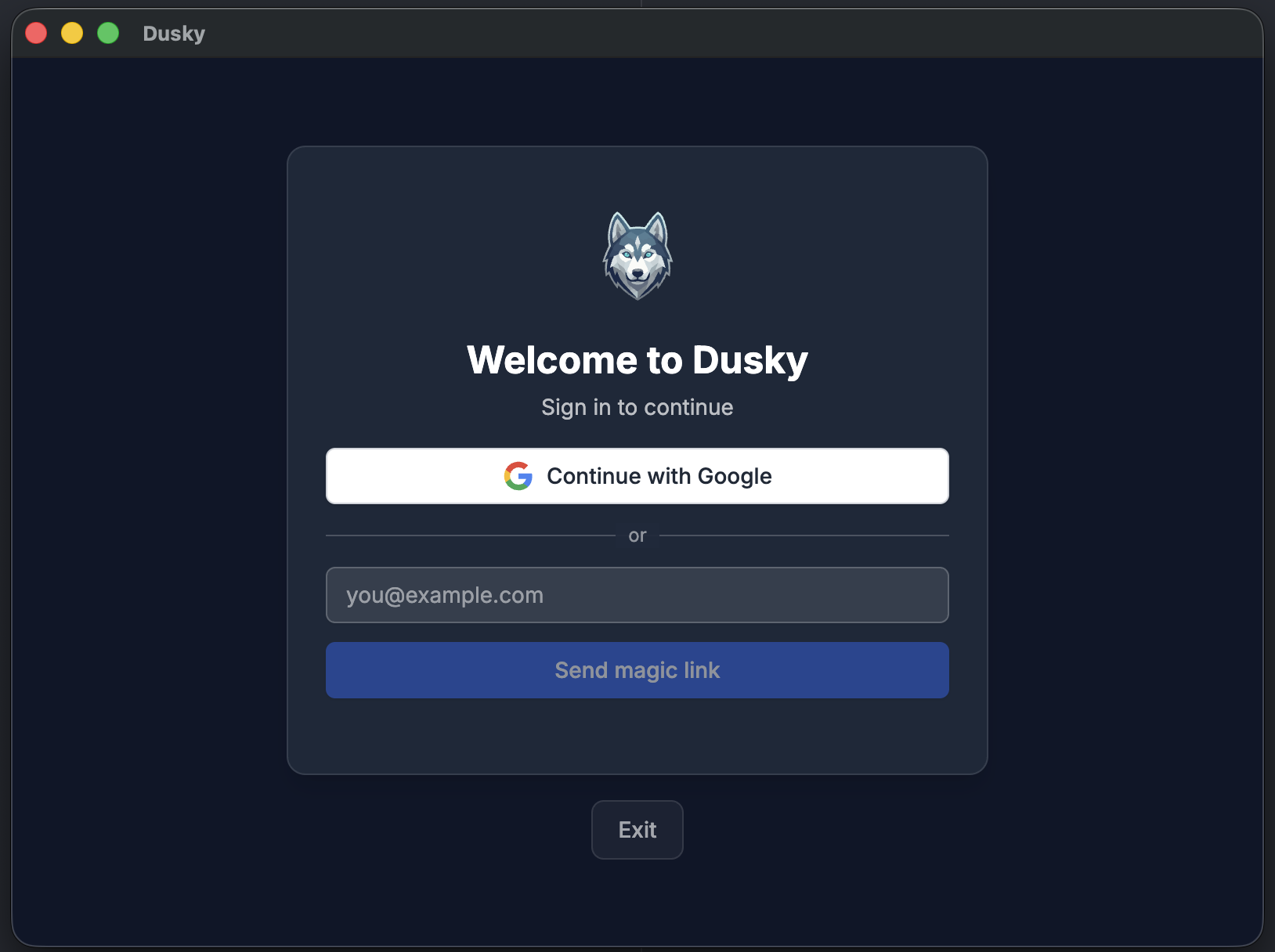 The Dusky sign-in screen with a "Continue with Google" button above an email field and a "Send magic link" button
