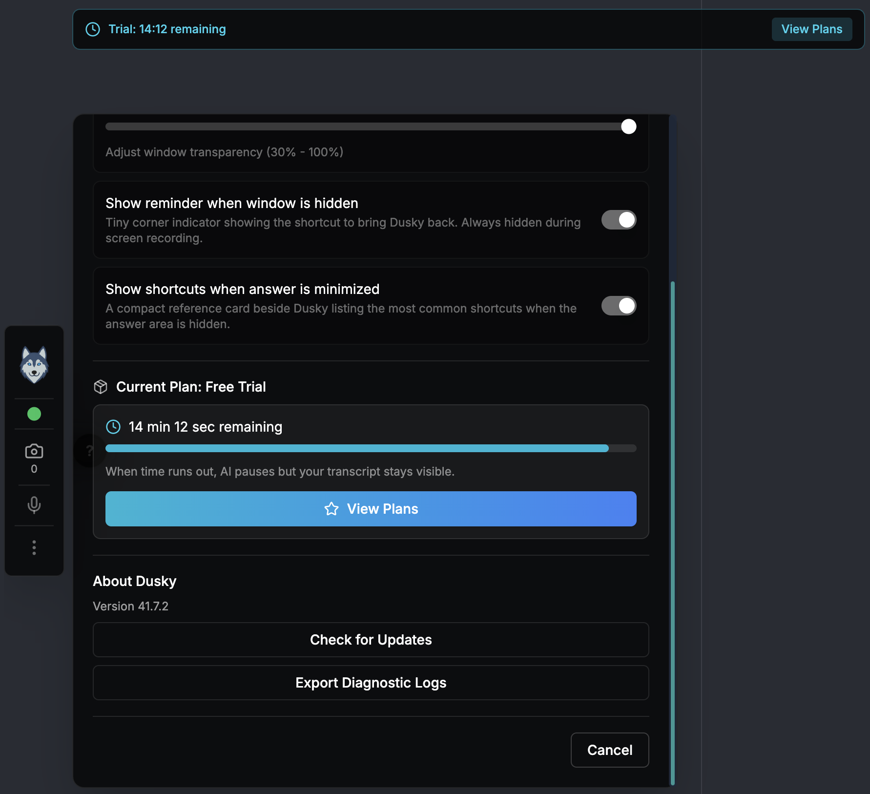 A trial reminder banner reading "Trial: 14:12 remaining" with a View Plans button, and the matching countdown with a View Plans button inside Settings